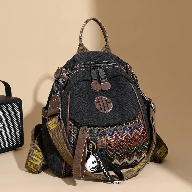 Denim ethnic style embroidered women's double shoulder bag, color-matched large capacity backpack, multi-purpose crossbody bag