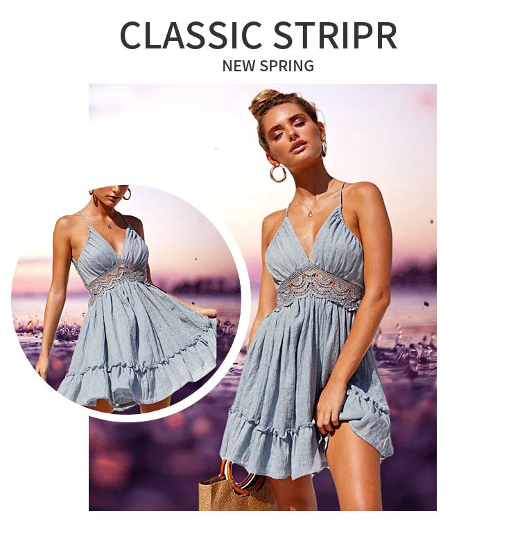 Women's Sexy Backless Lace Spliced Dress Summer V neck Mini Dresses Ladies Fashion Clothes Elegant Evening Dress Drop Shipping