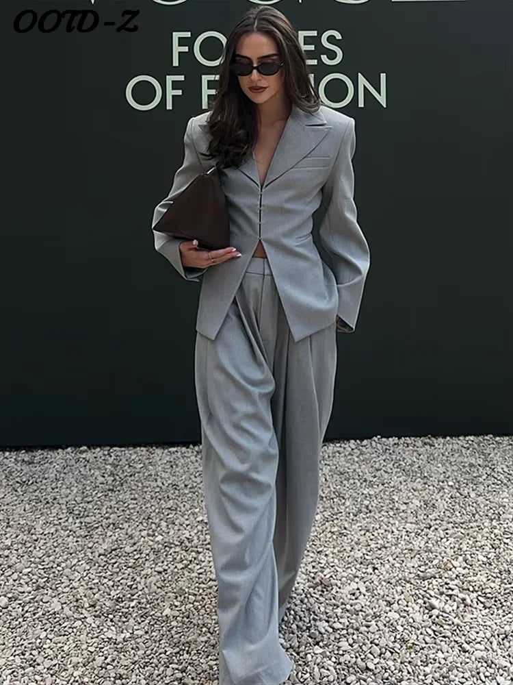 Casual V-neck Blazer Pants Set Women Single Breasted Pocket Jacket Wide Leg Trousers Lady Suit 2026 Elegant 2 Pieces Sets Female