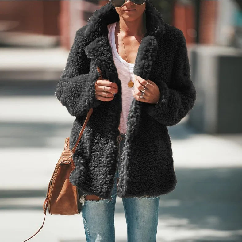 Autumn and Winter Loose Warm Plush Hot  Lapel Solid Color Long-sleeved Jacket Cardigan Europe and America 2025