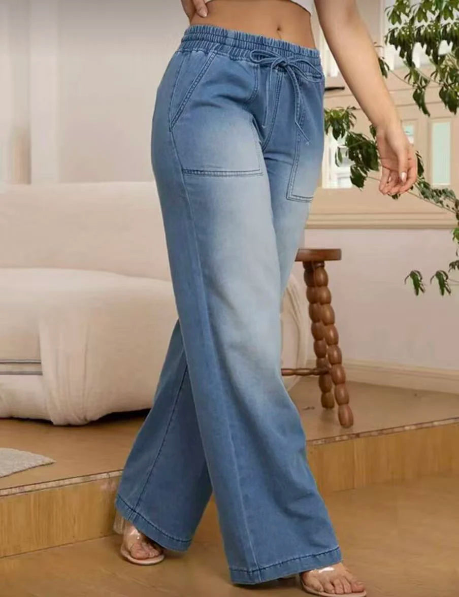 Elastic Waistband Drawstring Jeans with Pocket Elastic