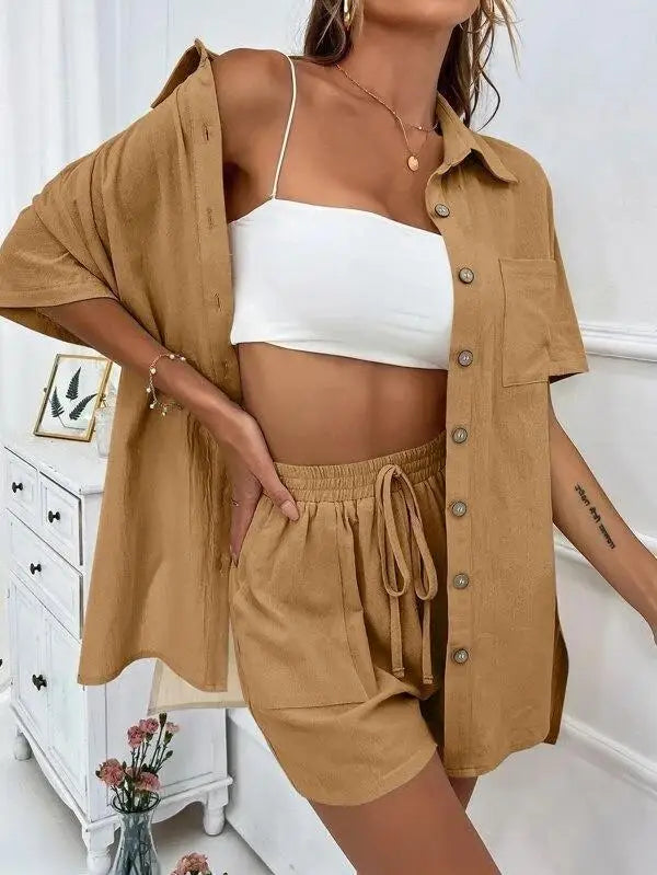 Solid Color Single Breasted Top Casual Loose Short Pants Sets Women Summer Women's 2 Pieces Suit Full Set Female Outfit Clothes