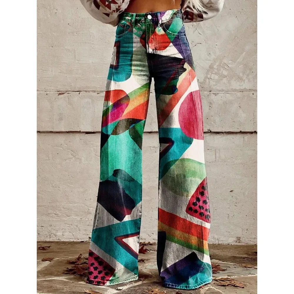Pink Green Aztec Geometric Print High Waist Wide Leg Pants Cotton Casual Boho Trousers Vintage Women's Western Casual Trousers