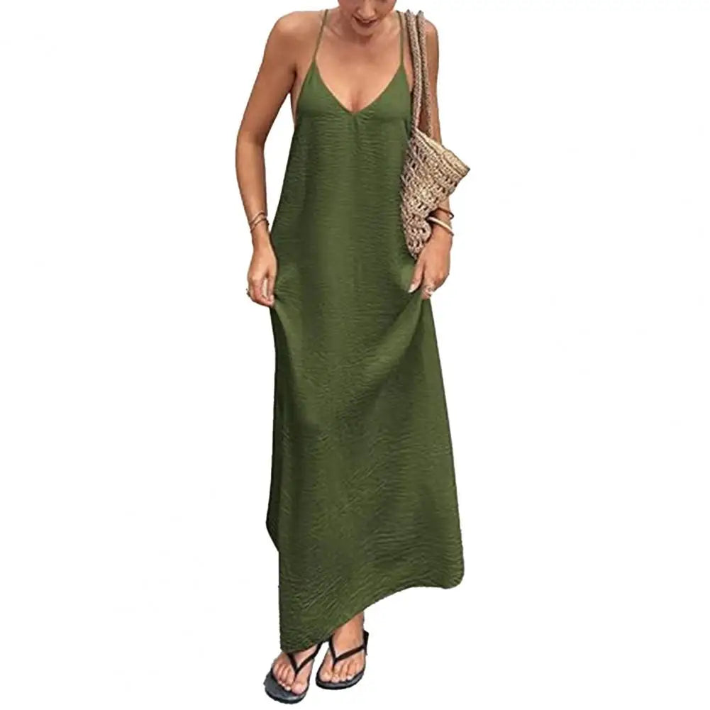 Women Summer Sexy Backless Dress Halter V Neck Sleeveless Loose Maxi Sundress Beach Vacation Long Dress