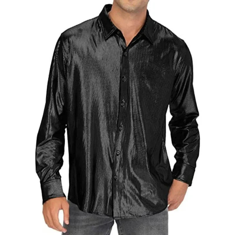 Metallic Shiny Polyester Dress Shirts for Men Black Solid Gold Red Silver Long Sleeve Turn Down Collar Prom Disco Men's Shirt