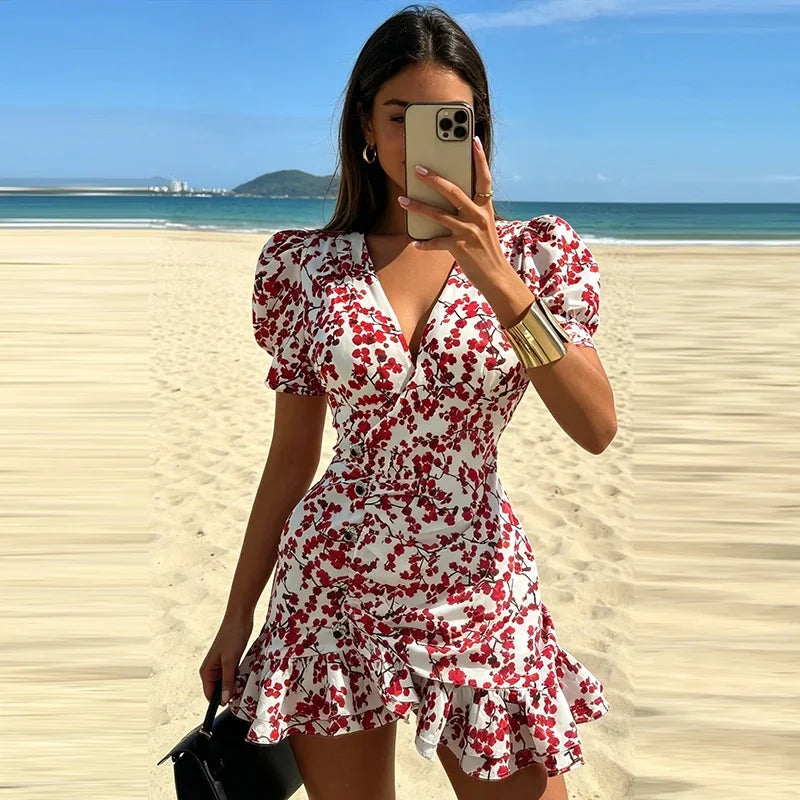 Floral Printed Wrap Mini Dress Ladies V Neck Bubble Sleeve Side Ruched Detail Tiered Ruffle Hem  Vacation Cocktail Party Outfit