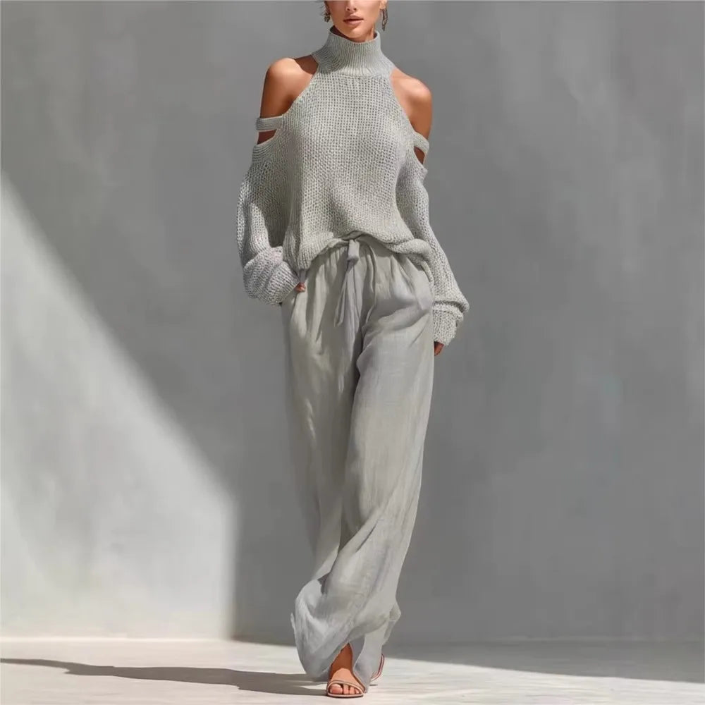 Fashion High Collar Sexy Hollow Off-shoulder Women's Knitted Tops 2-piece Set Spring Casual Loose Wide-leg Trousers Female Suit