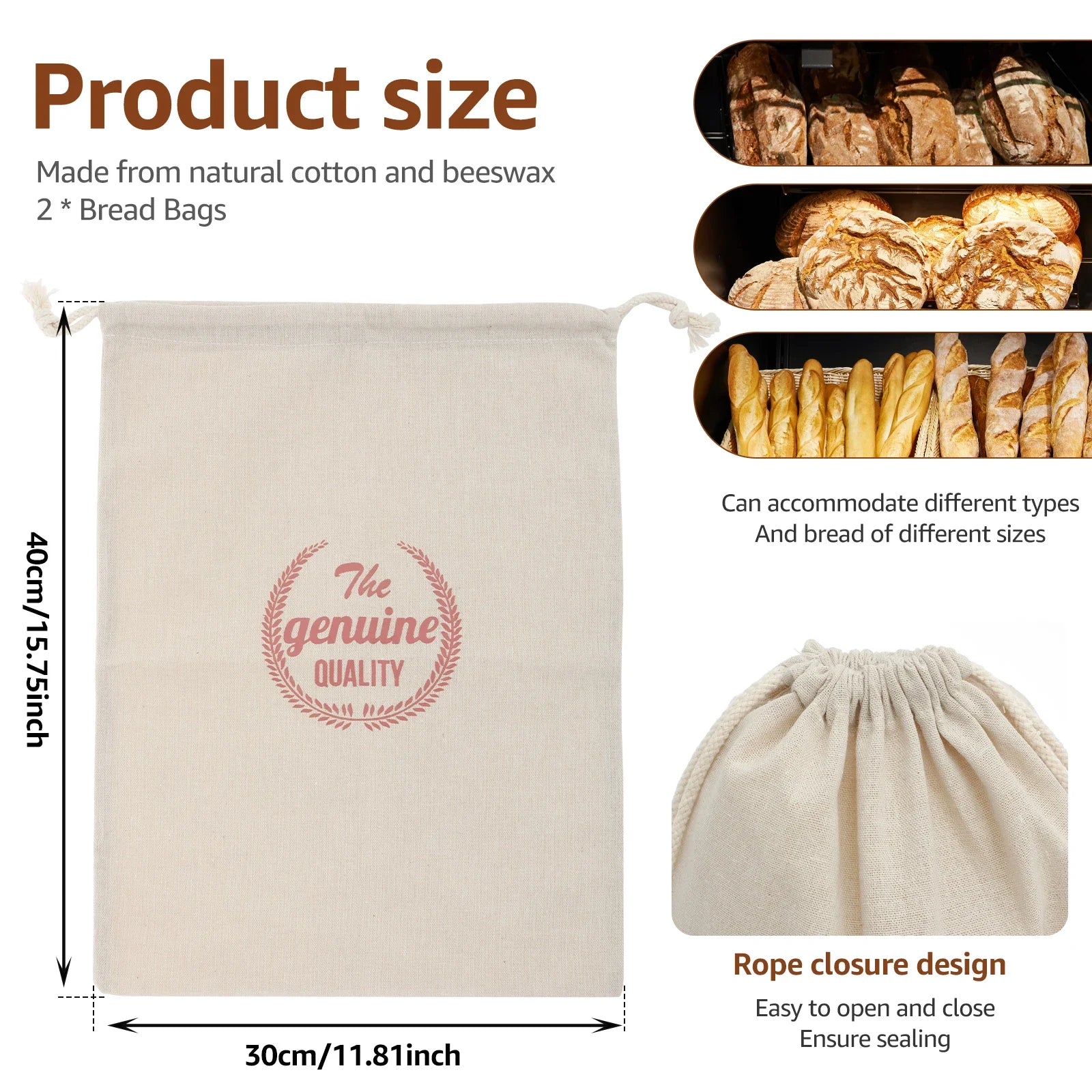 2 Pcs Bread Bag Reusable Cotton and Beeswax Sourdough Bag Multifunctional Portable Bread Sack for Home Picnic Traveling Daily