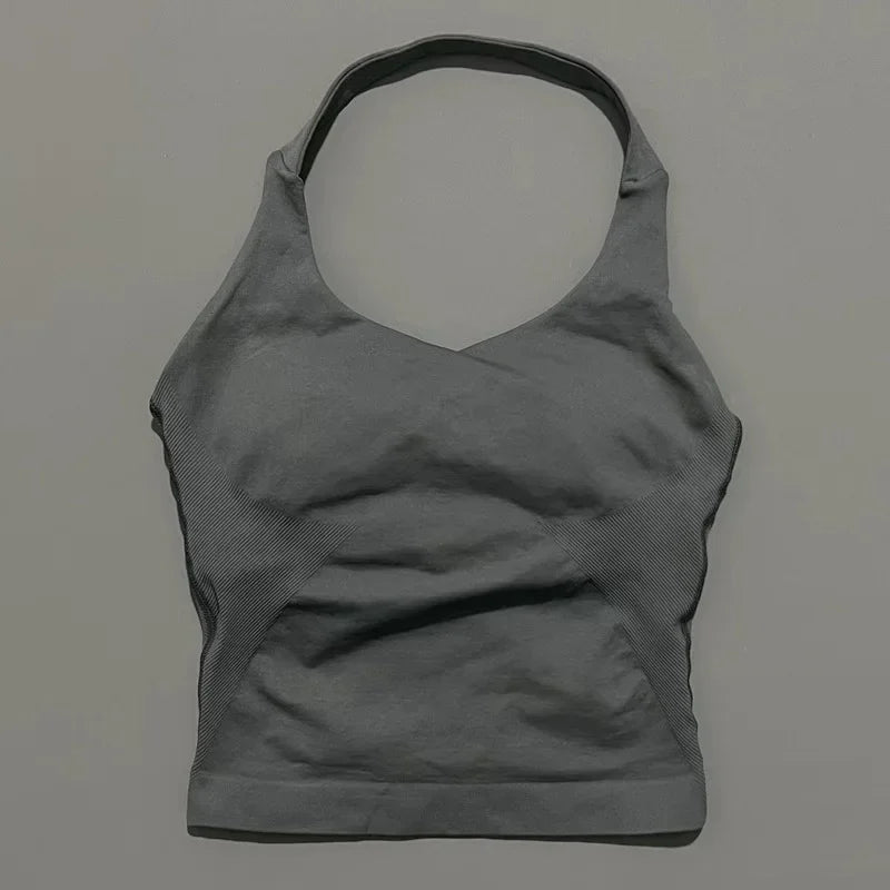 Halter Yoga Tank Top Women Sexy Seamless Strappy Backless Slim Fit Padded Breathable Gym Fitness Running Workout Sports Tops