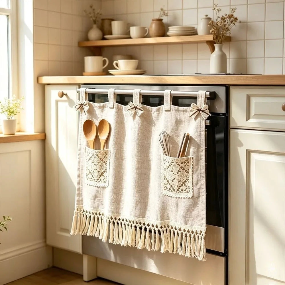 Vintage Oven Cover Curtain with Pocket Detachable Kitchen Stove Cover Skirt with Tassels Rustic Boho Curtain Panel Oven Door