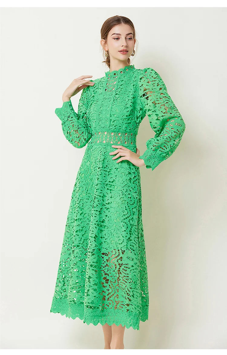 Solid Lace Holloe Out Slimming Elegant Dresses For Women Stand Collar Long Sleeve High Waist Minimalist Dress Female Fashion