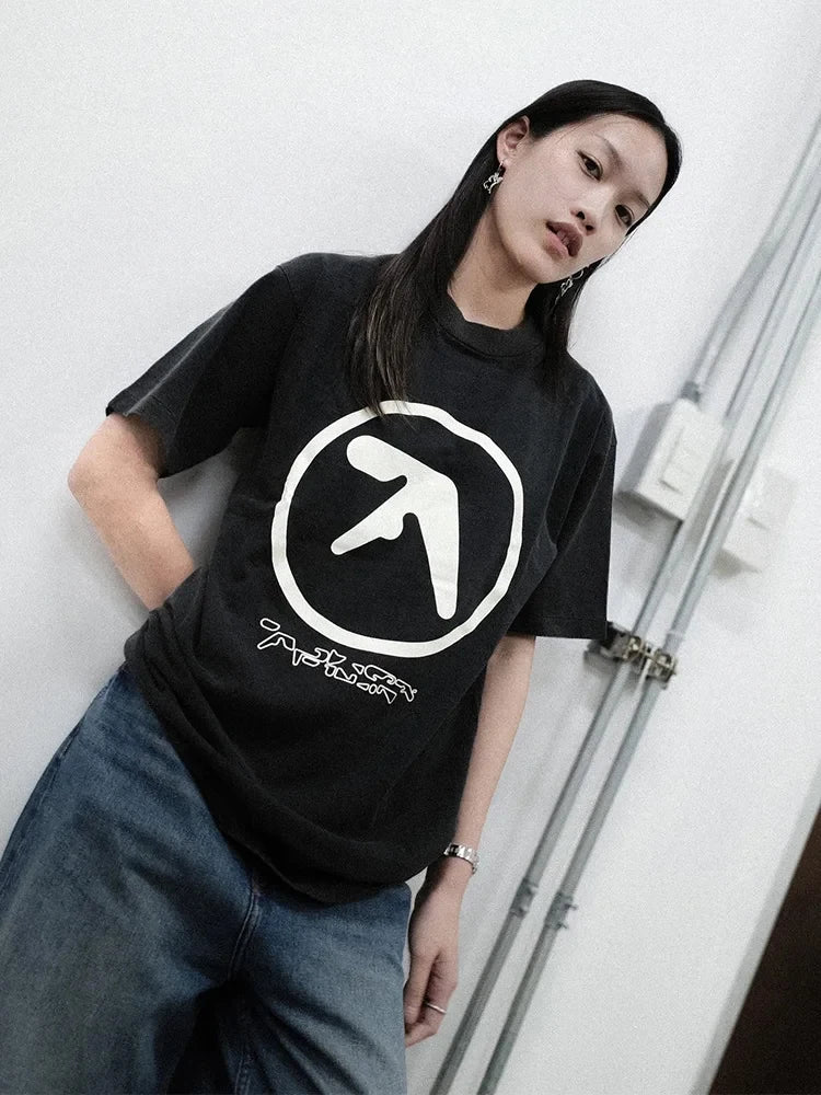 Men T-Shirt Aphex Twin Washed Black Print Short Sleeve Tops Cotton Graphic Oversized Korean Fashion Tees Y2k Streetwear Clothing