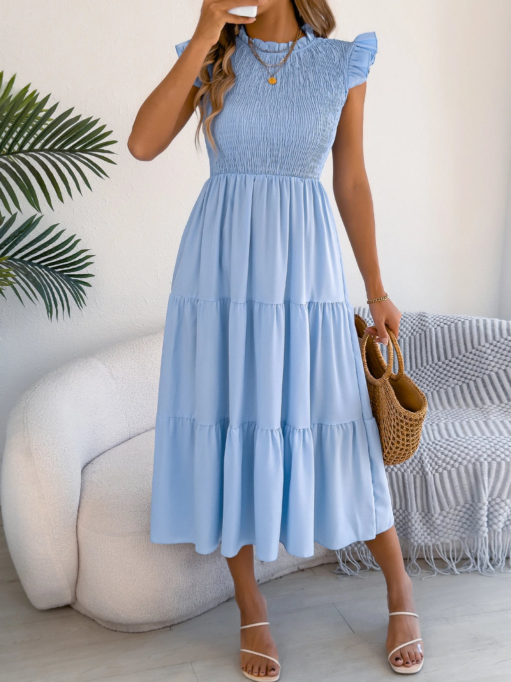 Spring Summer Elegant Ruffled Dresses for Women 2026 Casual Vacation Solid Color Round Neck Sleeveless Long Dress Blue Green