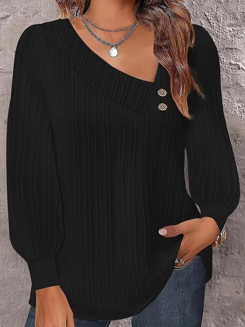 Women's Asymmetric V-Neck Ribbed Long Sleeve Blouse with Decorative Buttons, Casual Loose Fit Textured Top for Fall & Winter Dai