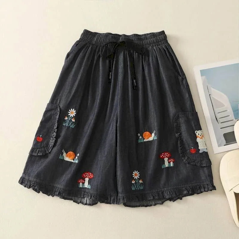 Denim Shorts Women Summer Wear Vintage Drawstring Elastic Waist Ruffle Wide Leg Pants Casual Loose Jean Shorts Women Clothing