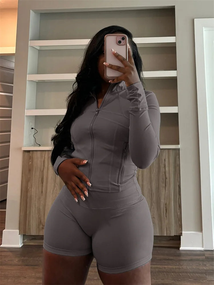Fall Siold Bodycon Zipper Crop Top Women Tracksuits Sets+Trousers Women Black Gray 2 Two Pieces Matching Leggings Shorts Suits