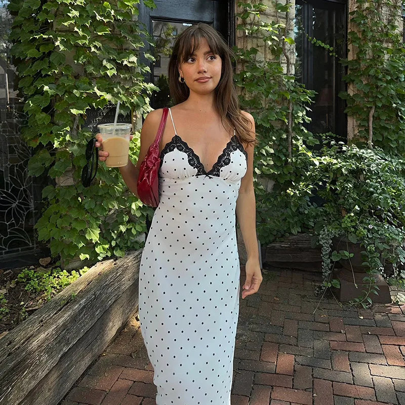 Lace V-Neck Patchwork Maxi Dress Women Backless High Waist Slim Spaghetti Contrast Party Dress Female Spring Long Dress Hot Sale