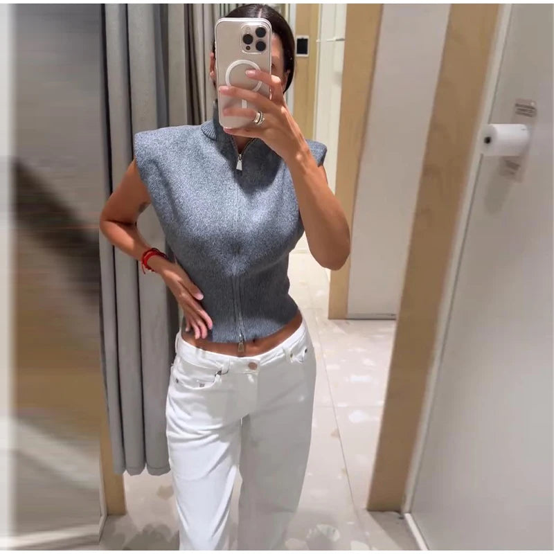 Women's Double Zipper Knit Vest Stand Collar Shoulder Pad Sleeveless Slim Cropped Sweater 2026 Autumn All-match Casual Outfits