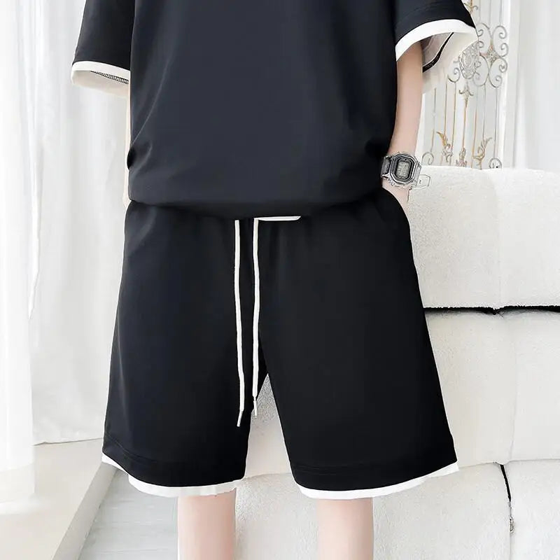 Men's Solid Color 2-Piece Outfit Short Sleeve T-Shirt & Drawstring Elastic Waist Shorts Set Casual Lounge & Streetwear Clothing