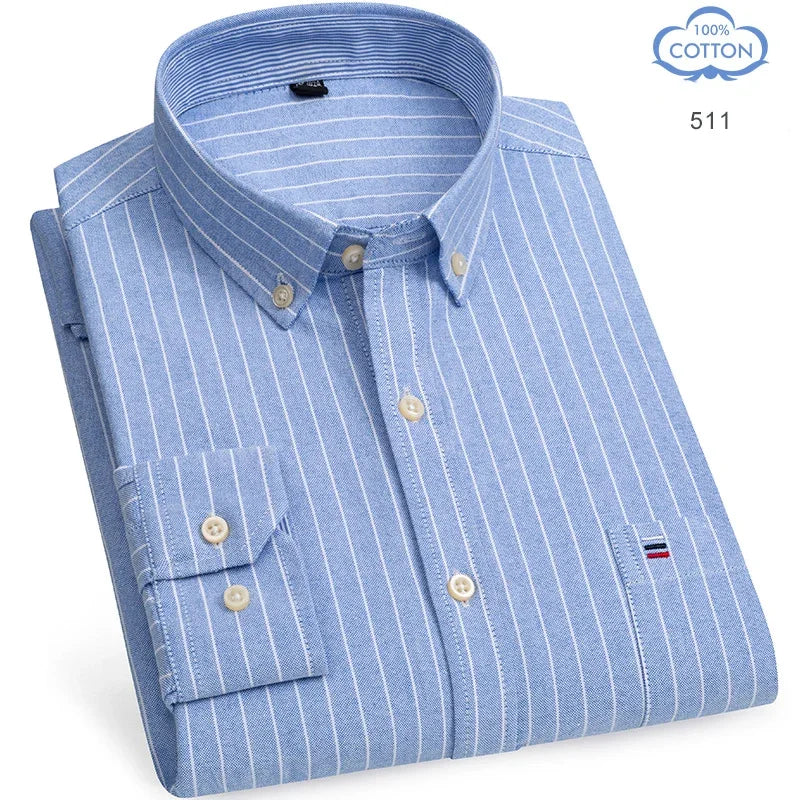 2025 Men's Social Shirt Pure Cotton Oxford Luxury Brand Thin Soft Buttoned Plaid Formal Work Western Clothing