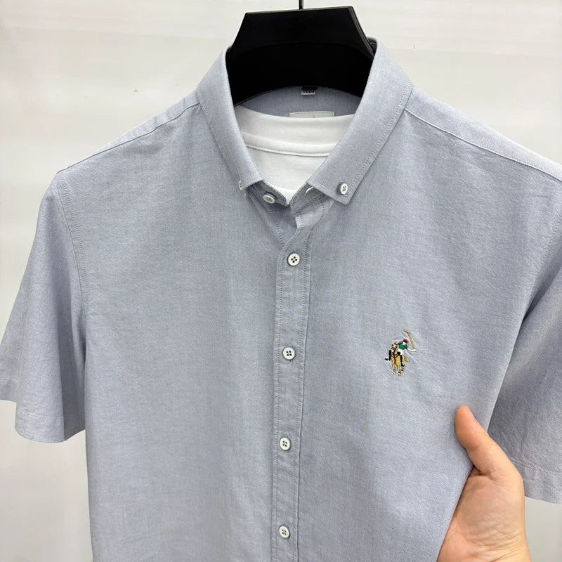 Short Sleeved Shirt Men's Summer New Item Pure Cotton High-end Brand Little Horse Logo Embroidered Casual Shirt