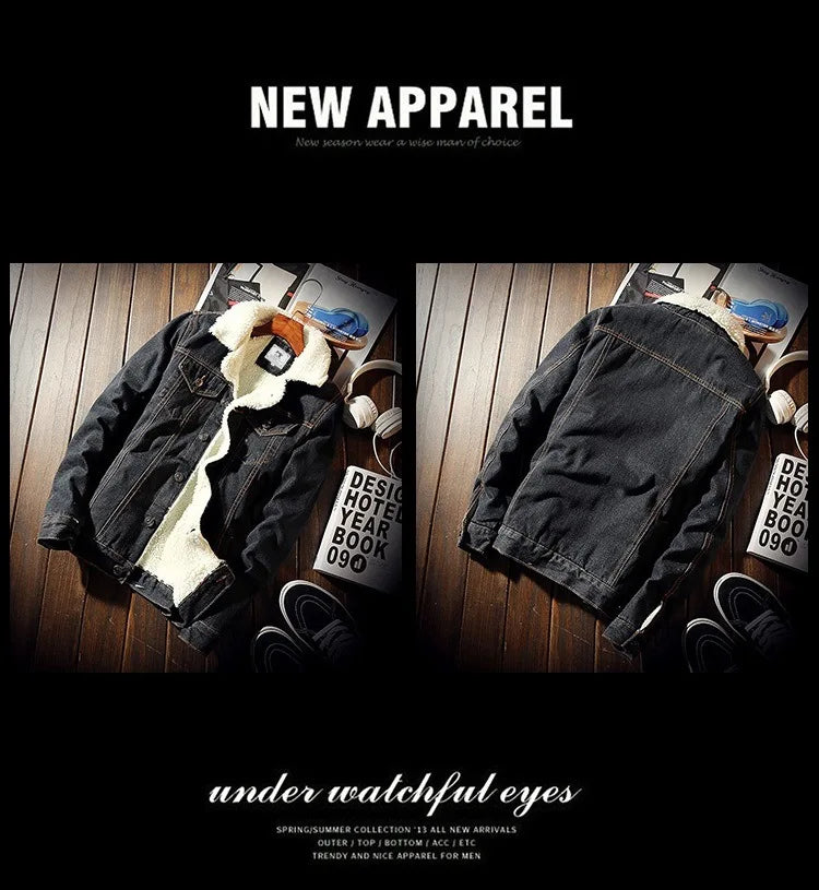 Autumn Winter Fleece Denim Jacket Men's Slim Thick Sherpa Casual Outerwear