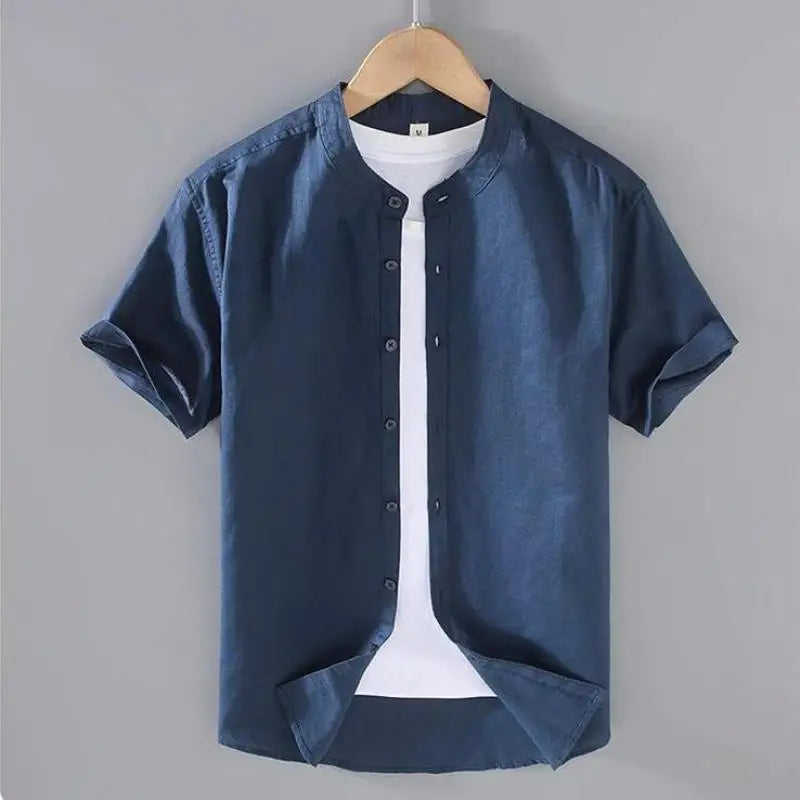 Men's Short-Sleeved Shirt Summer Streetwear Plain Color Stand Collar Casual Beach Style plus Size M-5XL