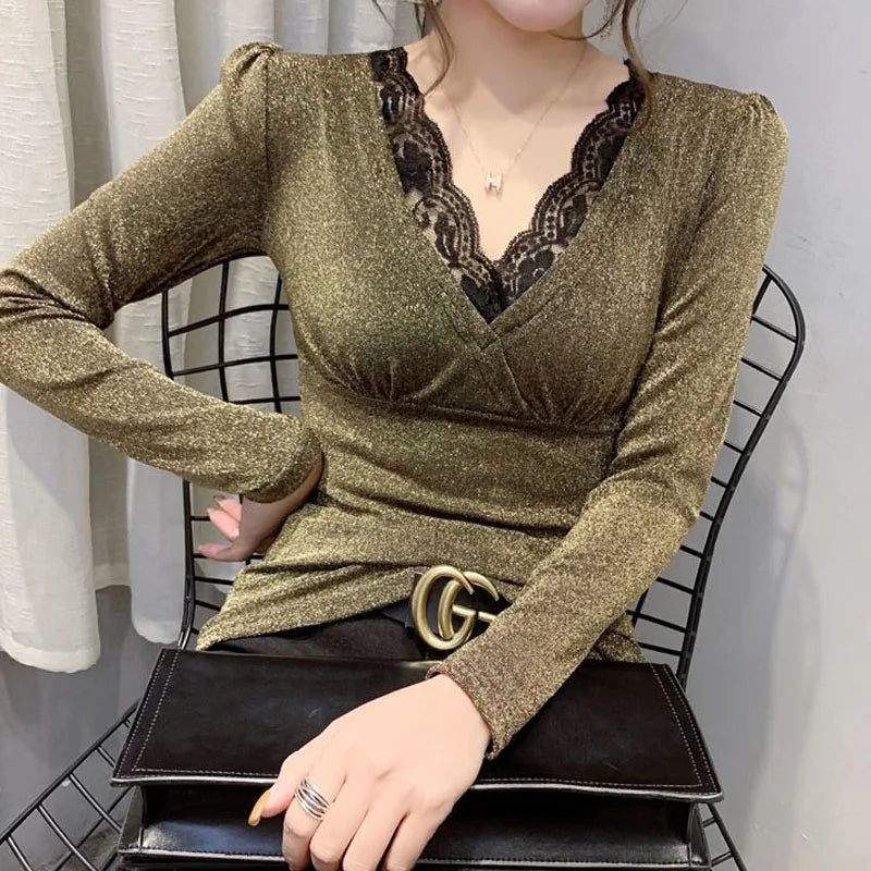 Slim Sexy Lace Spliced V-Neck Tops for Female Spring Autumn New Fashion Casual Long Sleeve Bright Silk T-shirt Women's Clothing
