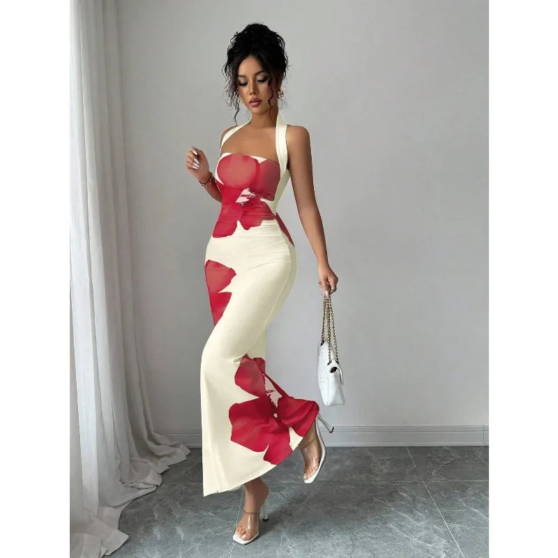 Women's 2026 New Popular Neck Halter Long Dress Hip-wrapped Printed Dress White Dress Birthday Dress for Women Summer Dress