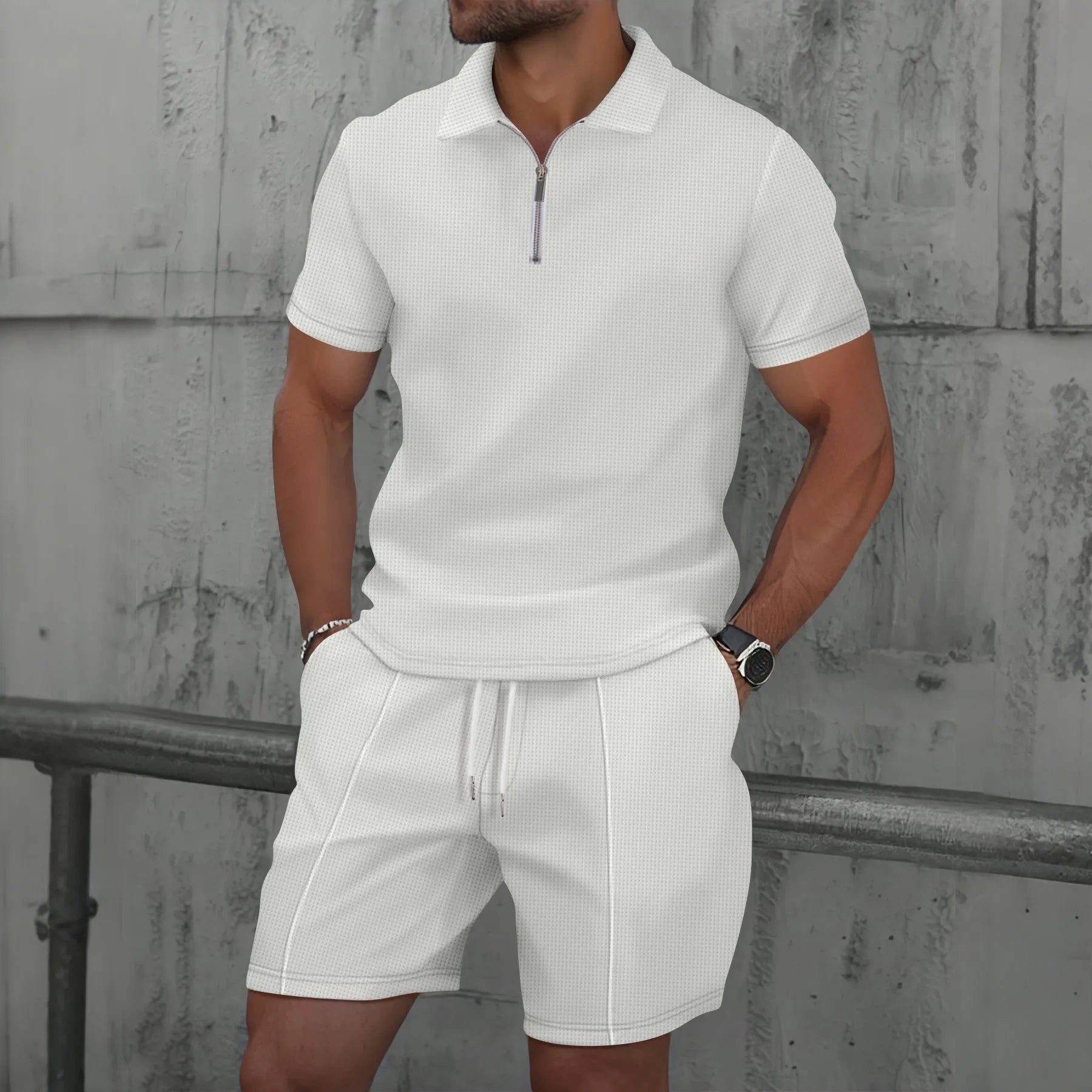 2025 Summer Solid Color Zipper Short Sleeve Set Shorts Two Piece Set Men's Wear