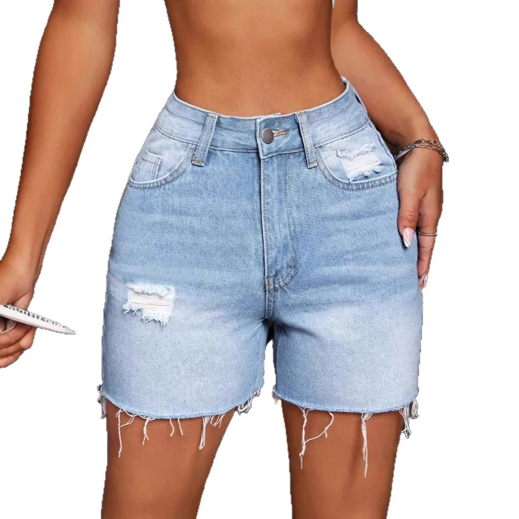 2026 Summer Women's High Stretch Denim Shorts Holes High Waist Tassel Jeans with Pockets Female Streetwear Knee-length Pants