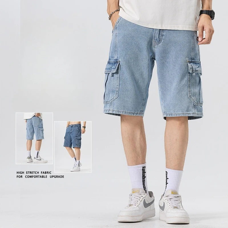 Men's Fashion Cargo Denim Shorts Summer Streetwear Multi-Pocket Casual Knee Length Stretch Five-Point Jeans Shorts Male Trendy