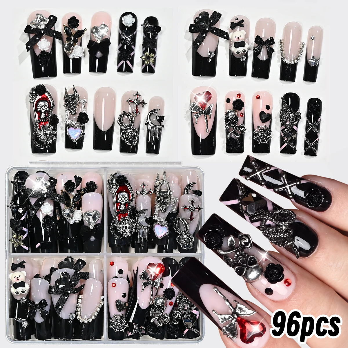96pcs/box Short Square Cat Eye Press On Nails 4colors Glossy Glitter Cat Eye French Fake Nails Full Cover Acrylic Fake Nails Y2K