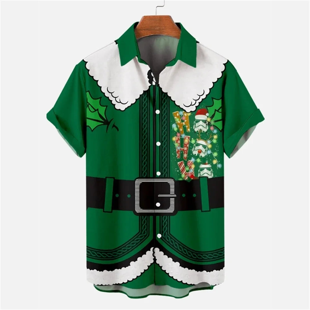 New Christmas Graphic Santa Claus Cosplay Men Shirts Hawaiian Harajuku Tops Short Print Tee Lapel Fashion Holiday Clothing