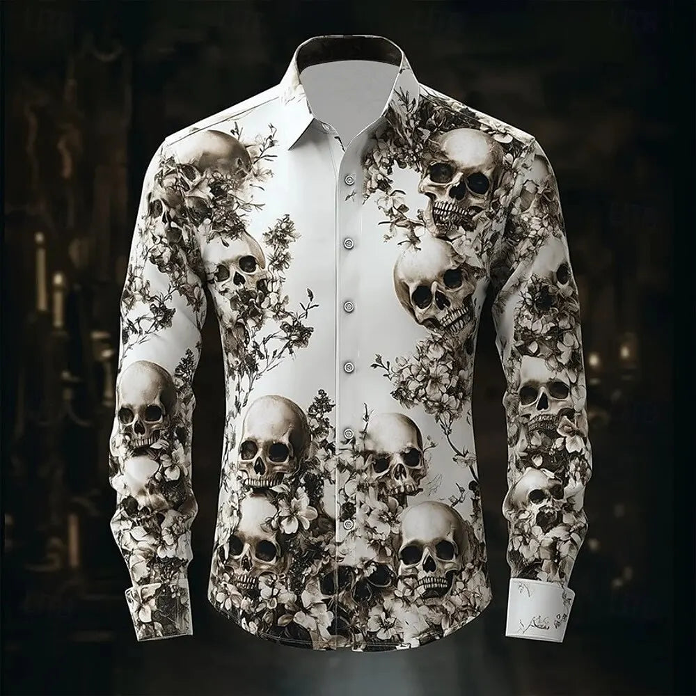 2025 Halloween Theme Men's Halloween Costumes Skulls Shirt Button Up Shirt Casual Dress Shirt Long Sleeve Dark Gothic Style Tops