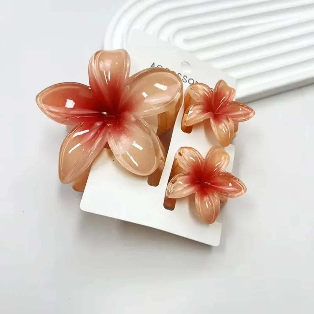3Pcs/Set Women's Gradient Shark Hair Claw Clips Plumeria Flower Ponytail Barrettes Hawaiian Style Hairpins for Girls