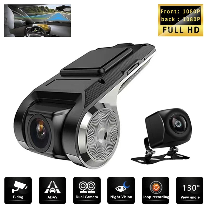 HD 1080 PDash Cam Car USB ADAS DVR Dual-lens Camera Video Special for Android Multimedia Player Front Recorder Reverse Vision