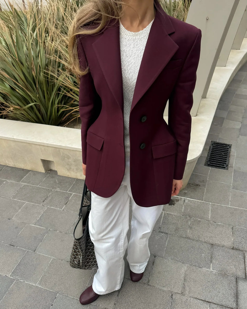 Women Burgundy Waist Cinching Blazer Coat Fashion Full Sleeve Lapel V-neck Button Slim Jacket 2026 Lady Spring Autumn Outwear