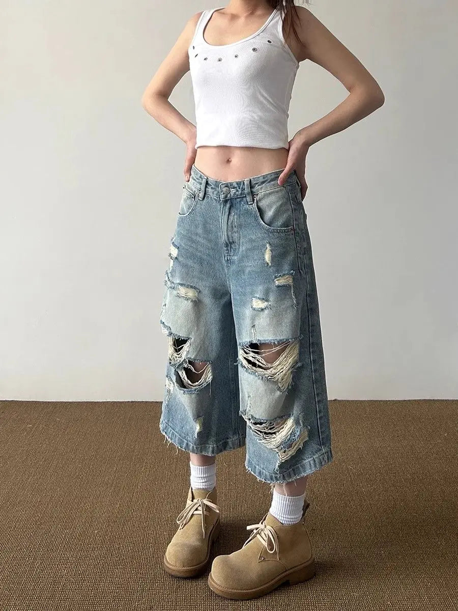 Vintage High Street Ripped Denim Seven-point Jeans Women's Summer Loose Drape Straight Wide-leg Pants