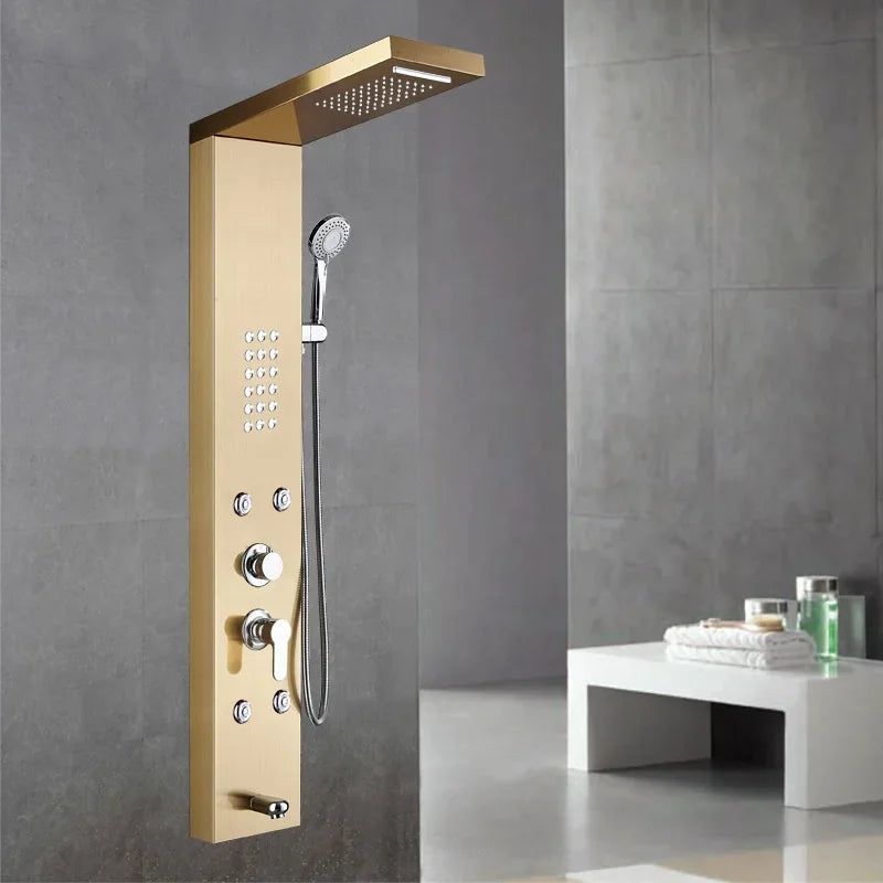 Luxury Black Color Thermostatic Led Rain Shower Head Bathroom Stainless Steel Wall Mounted Waterfall Shower Panels