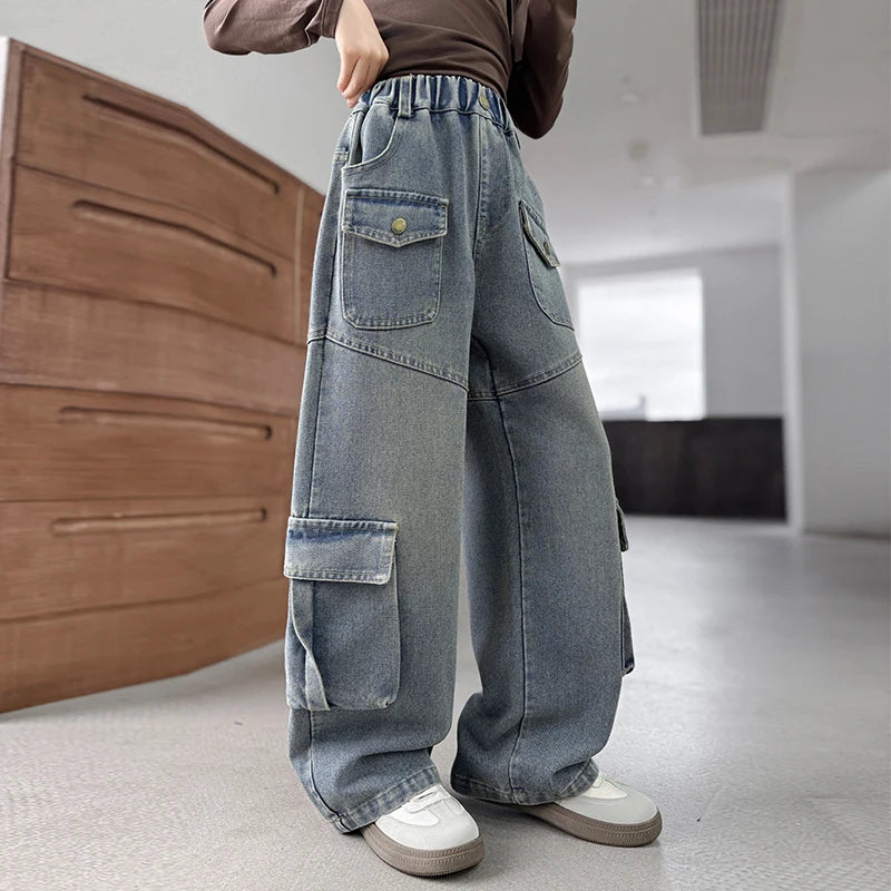 Elegant Fashion Kids Children Cargo Jeans Pants with Multi Pocket for Teenage Girls Loose Straight Casual Denim Trousers 5-14 Y