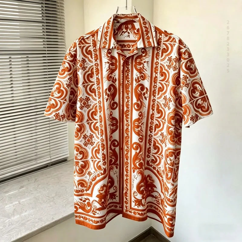 Men's shirts, summer Baroque printed shirts, loose oversized retro short sleeved shirts, vacation style versatile men's tops