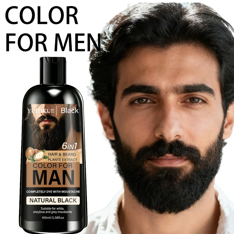 YUITIKUE Men Hair Color Beard Dye Long Lasting Natural Black Shade Plant Based Formula Easy to Apply 100ml