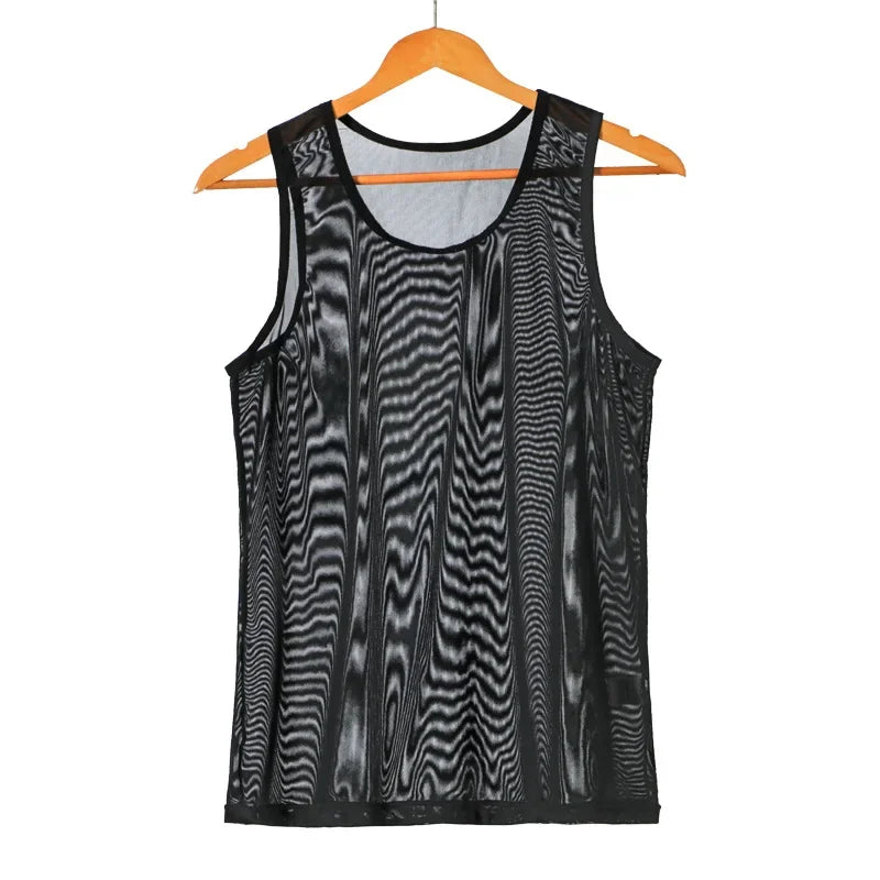 Men Sleeveless Mesh Sheer Tank Outwear Training Vest Fishnet Hollow Out See Through Undershirt