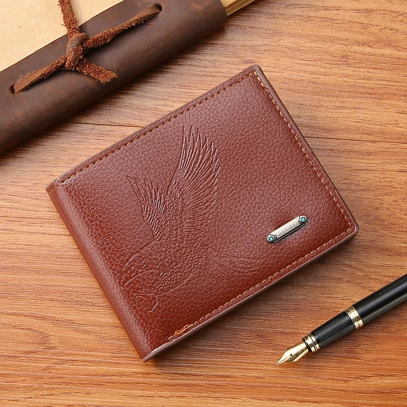 Classic Men's Leather Wallets Slim Minimalist Hawk Pattern Bifold Credit ID Card Holder Wallet Purse Short Thin Money Clip