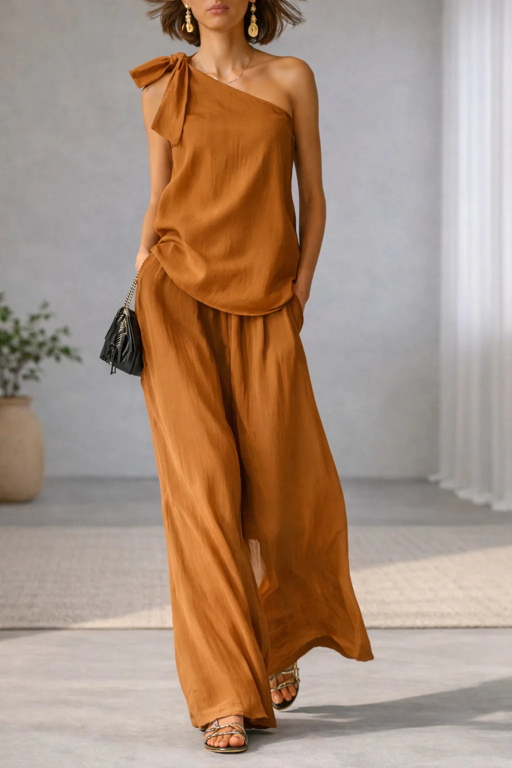 Women's 2 Piece Set 2026 Summer Sexy One Shoulder Tie Knot Top And Wide Leg Pants Suit Casual Loose Summer Beach Vacation Outfit
