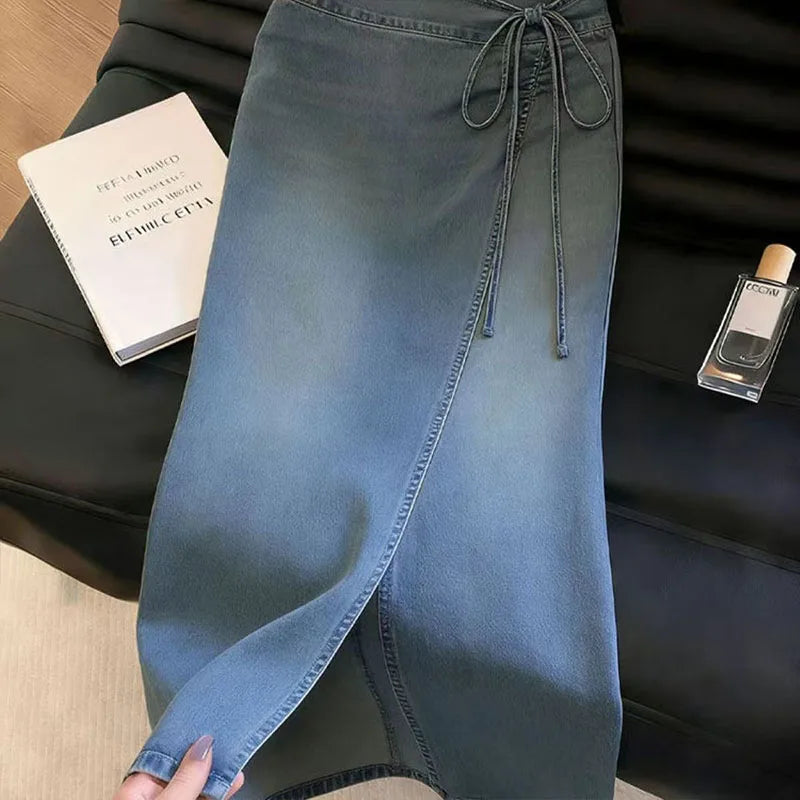 Side Slit Denim Long Skirts Womens Summer Vintage Floral Embroidery Jeans Pencil Skirt Bandage High Waist Women Long Skirt