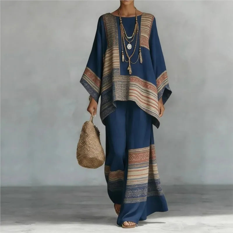 Bohemian Foreign Style Printed Women's Two-piece Set Spring Fashion O-neck Loose Top+wide Leg Pants Suit Ladies Office Outfit