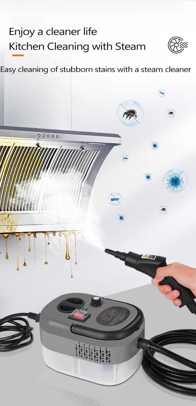 Home Steam Cleaning Machine 2500W Power 3BAR High Pressure 15s Quick Steam Generation 6‑Gear Steam Adjustment 1200CC Transparent Water Tank for Kitchen Bathroom Glass Tile Car Interior Complete Accessory Kit
