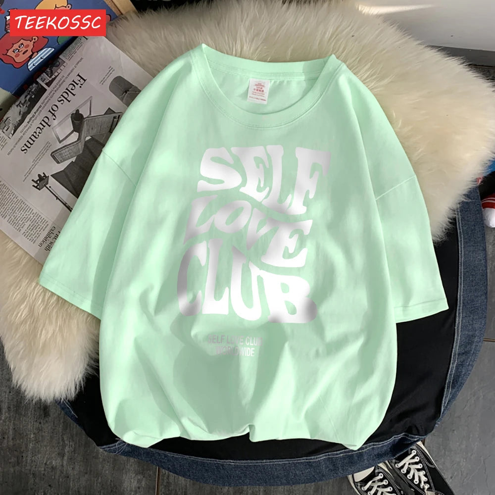Self Love Club Worldwide Printed Tee Clothing Boy Versatile Funny Tees Aesthetic Pattern T-Shirt Oversized Design Clothing